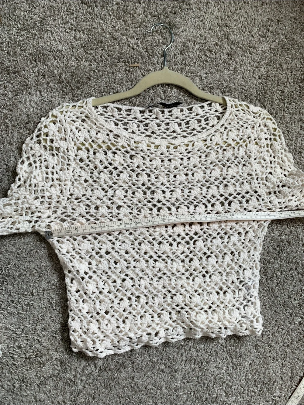 Zara White Crochet Open-Weave Long Sleeve Crop Top